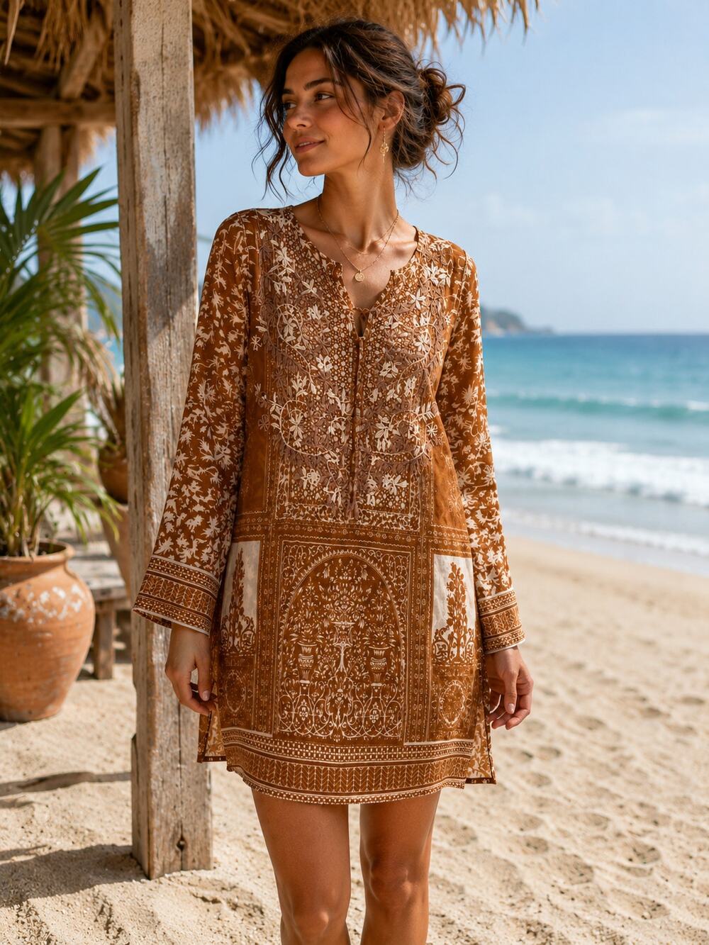 Raj Brown boho-chic tunic dress floral Hand Embroidery Sz S